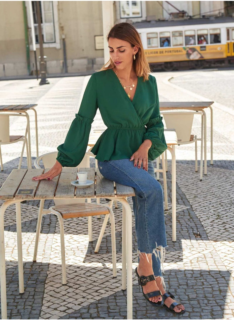 Surplice Front Bishop Sleeve Peplum Blouse