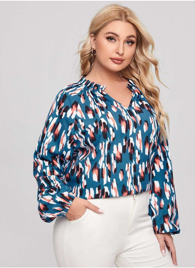 Plus Notched Neck Bishop Sleeve Blouse