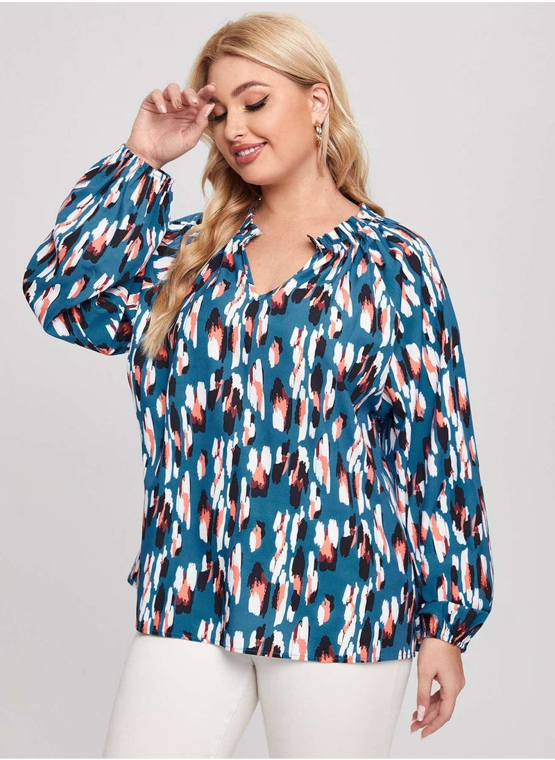 Plus Notched Neck Bishop Sleeve Blouse