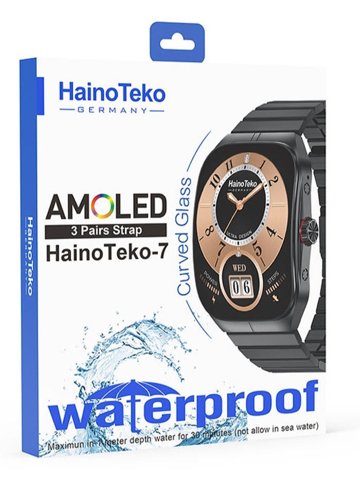 HainoTeko-7 Curved AMOLED Display Waterproof Smartwatch with Voice Assistants 3 Straps and Charging Cable Designed For Ladies and Gents Silver