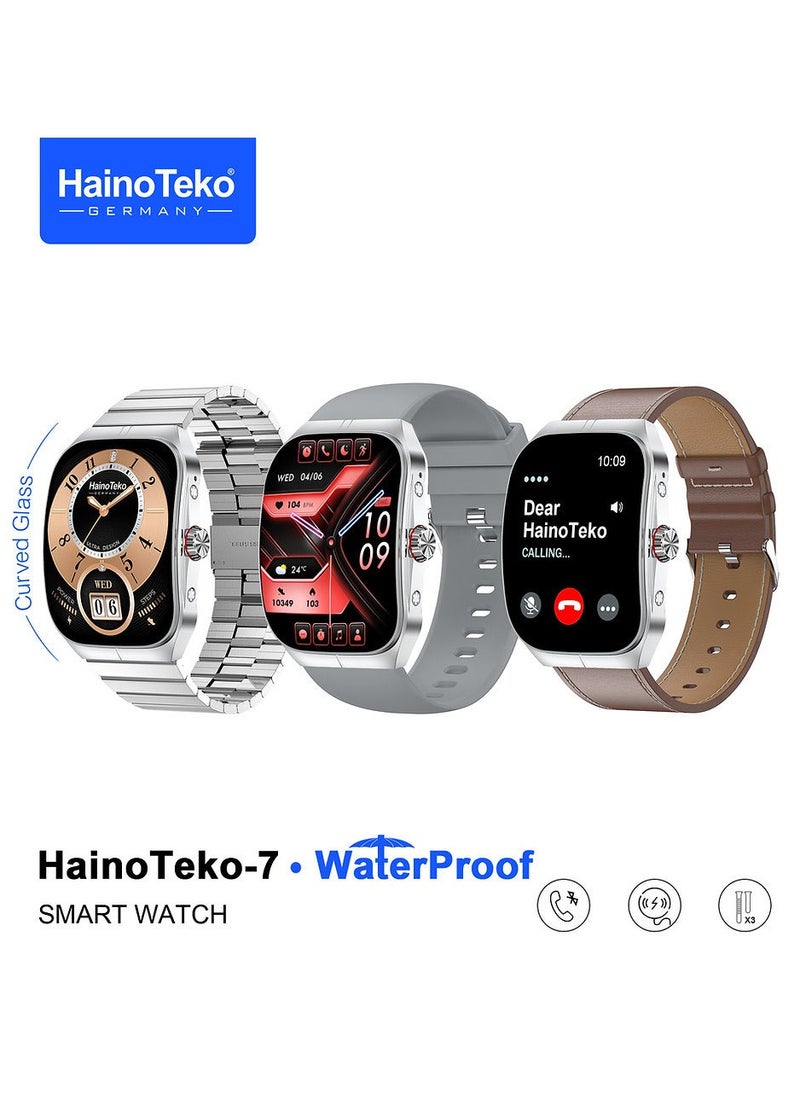 HainoTeko-7 Curved AMOLED Display Waterproof Smartwatch with Voice Assistants 3 Straps and Charging Cable Designed For Ladies and Gents Silver