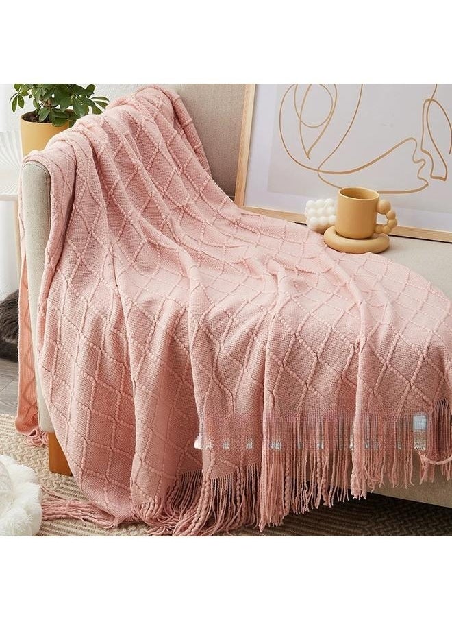 Blush Throw Blanket with Tassels, Pink Knit Blanket for Home Decor, Boho Style Textured Knitted Decorative Blanket for Couch, Sofa &Bed,Tassel Design Soft Blanket Keep Warm Cotton Pink127*152+15CM