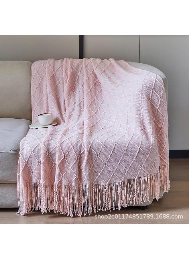 Blush Throw Blanket with Tassels, Pink Knit Blanket for Home Decor, Boho Style Textured Knitted Decorative Blanket for Couch, Sofa &Bed,Tassel Design Soft Blanket Keep Warm Cotton Pink127*152+15CM