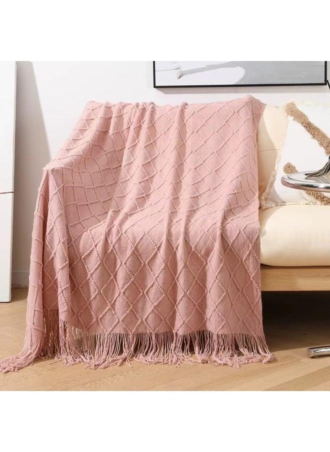 Blush Throw Blanket with Tassels, Pink Knit Blanket for Home Decor, Boho Style Textured Knitted Decorative Blanket for Couch, Sofa &Bed,Tassel Design Soft Blanket Keep Warm Cotton Pink127*152+15CM