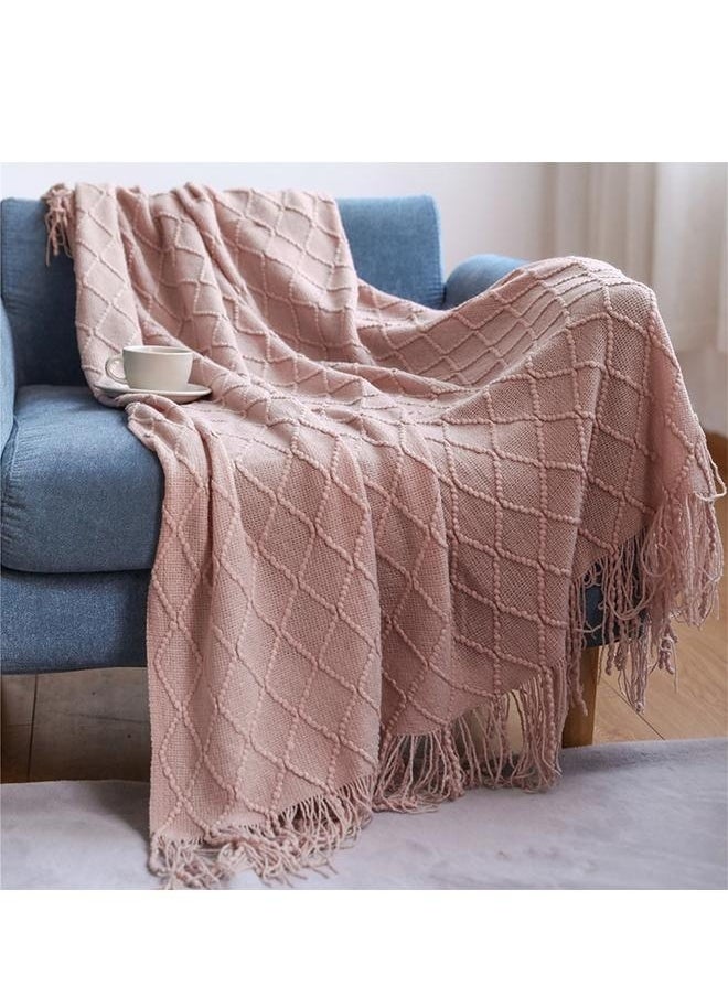 Blush Throw Blanket with Tassels, Pink Knit Blanket for Home Decor, Boho Style Textured Knitted Decorative Blanket for Couch, Sofa &Bed,Tassel Design Soft Blanket Keep Warm Cotton Pink127*152+15CM