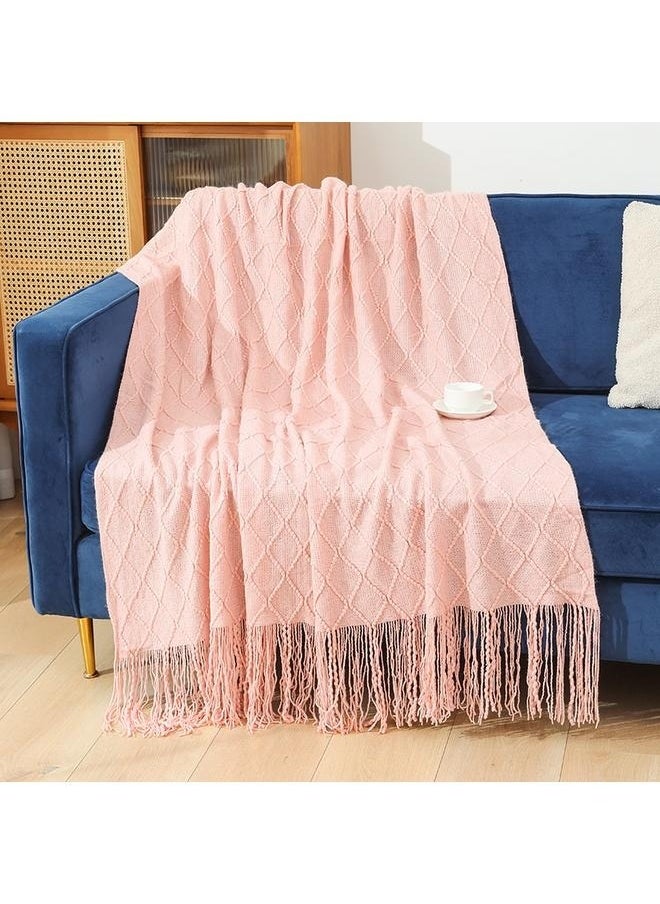 Blush Throw Blanket with Tassels, Pink Knit Blanket for Home Decor, Boho Style Textured Knitted Decorative Blanket for Couch, Sofa &Bed,Tassel Design Soft Blanket Keep Warm Cotton Pink127*152+15CM