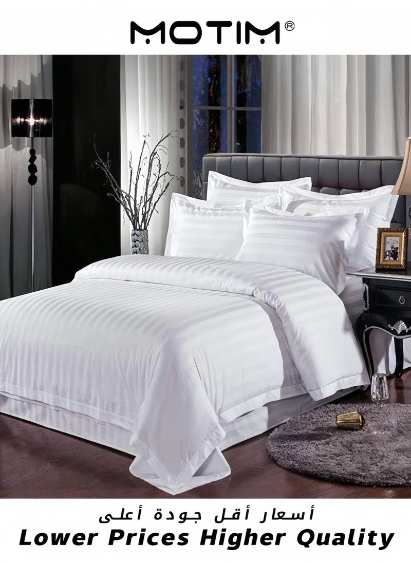 6 Piece Victorian Style Snow White Microfiber Satin Striped Double Bedsheet Set with 4 Pillow Covers