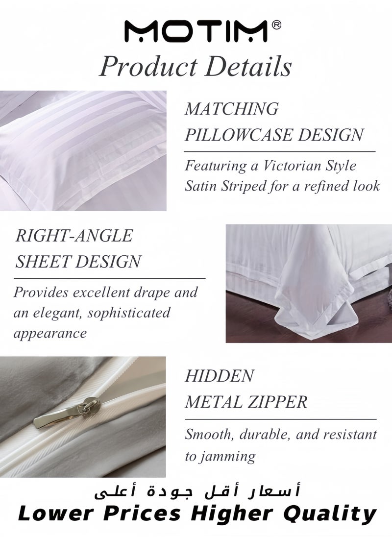 6 Piece Victorian Style Snow White Microfiber Satin Striped Double Bedsheet Set with 4 Pillow Covers