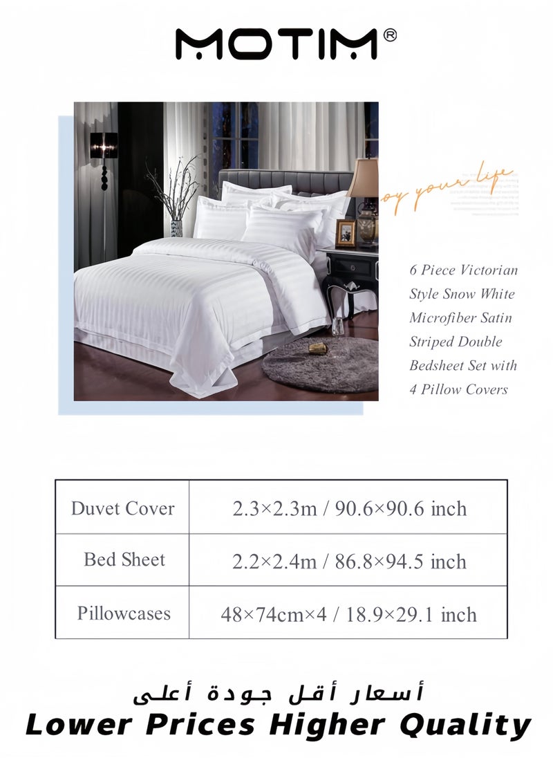 6 Piece Victorian Style Snow White Microfiber Satin Striped Double Bedsheet Set with 4 Pillow Covers