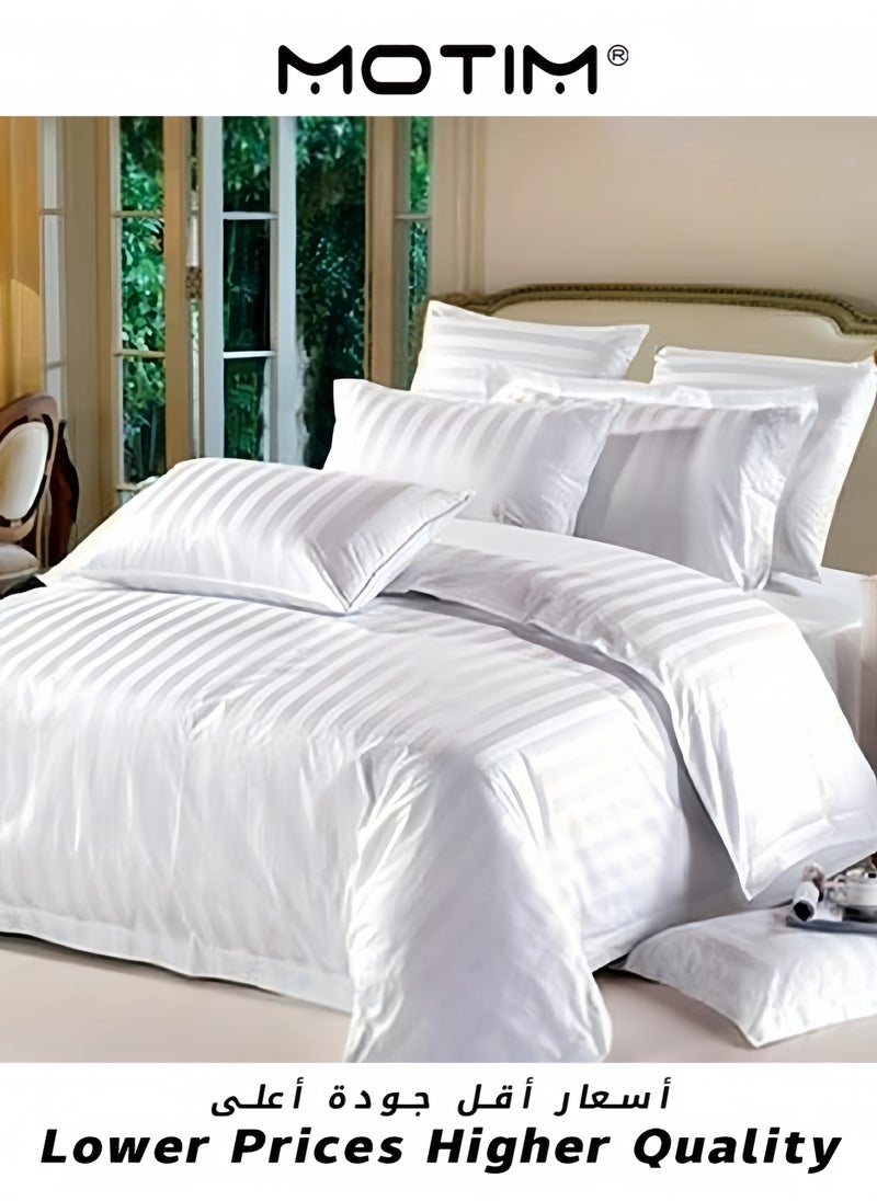 6 Piece Victorian Style Snow White Microfiber Satin Striped Double Bedsheet Set with 4 Pillow Covers