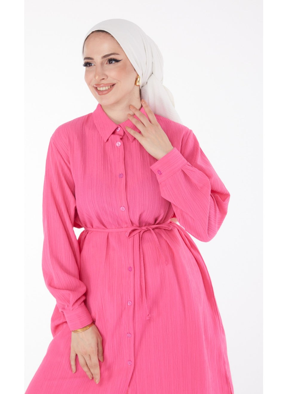 Plain Shirt Collar Women's Fuchsia Belted Tunic - 25889