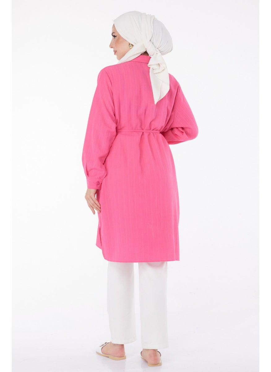 Plain Shirt Collar Women's Fuchsia Belted Tunic - 25889