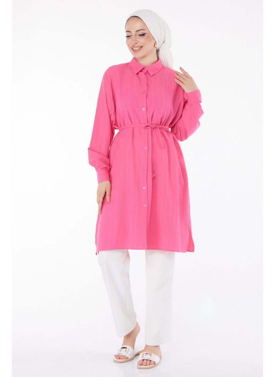 Plain Shirt Collar Women's Fuchsia Belted Tunic - 25889