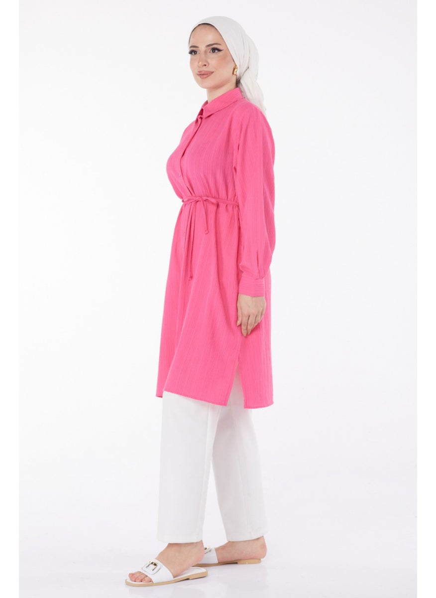 Plain Shirt Collar Women's Fuchsia Belted Tunic - 25889