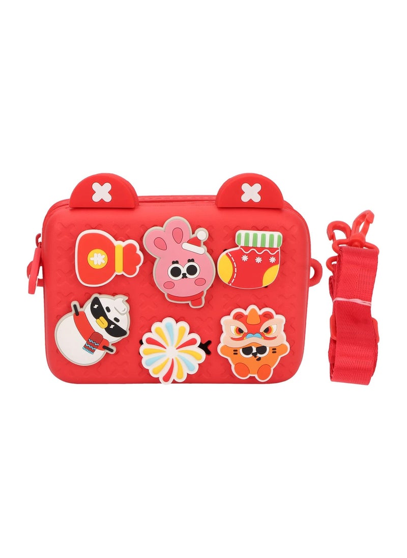 Kids Shoulder Bag, Shock Absorption Kids Camera Messenger Bag Cartoon Decors for Outdoor Use (Red)