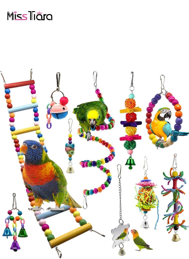 10-Pack Bird Parrot Ladder Hanging Bell Swing Cage Toys- Budgie, Cockatiel, Conure, Finch, Small Parakeet, African Grey Parrot, Canary