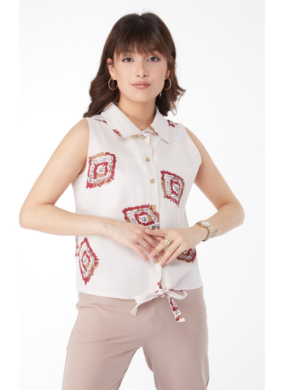 Plain Shirt Collar Women Burgundy Tied Hem Patterned Shirt - 13150