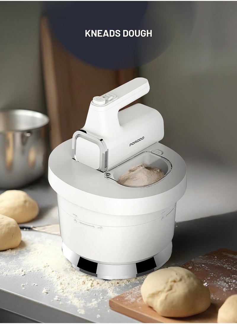 Spill-Proof Dual Mode Mixer with 6 Speed Settings / Makes Meringue / Folds Batter / Kneads Dough / Quick and Simple Cleaning / Handheld and Stand Mixer - White/Silver