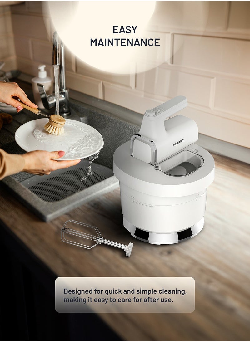 Spill-Proof Dual Mode Mixer with 6 Speed Settings / Makes Meringue / Folds Batter / Kneads Dough / Quick and Simple Cleaning / Handheld and Stand Mixer - White/Silver