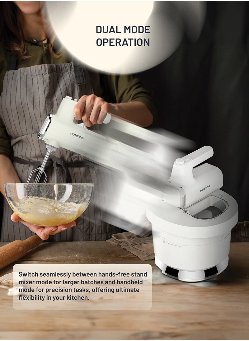 Spill-Proof Dual Mode Mixer with 6 Speed Settings / Makes Meringue / Folds Batter / Kneads Dough / Quick and Simple Cleaning / Handheld and Stand Mixer - White/Silver