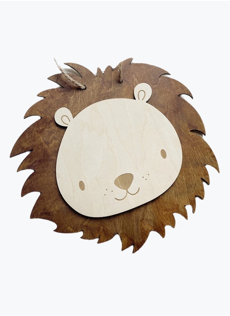 Little Lion Wood Carving Hanging Wall Decor, Nordic Style Wall Decor ,Natural Home Decor,Decor for Kids Room,22*20cm