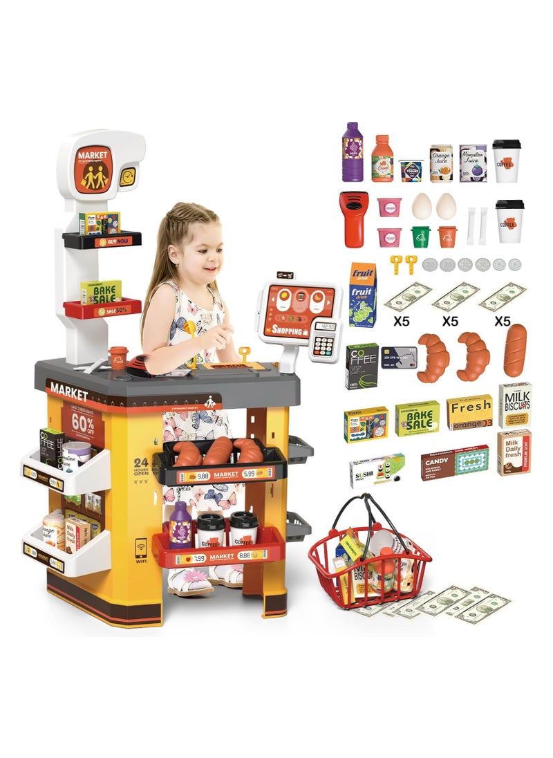 Supermarket Playset for Kids with Working Scanner Register Toy Pretend Play,Kids Grocery Store Playset 54PCS Play Food Accessories,Christams Birthday Gift for 3 4 5 Kids Boys Girls