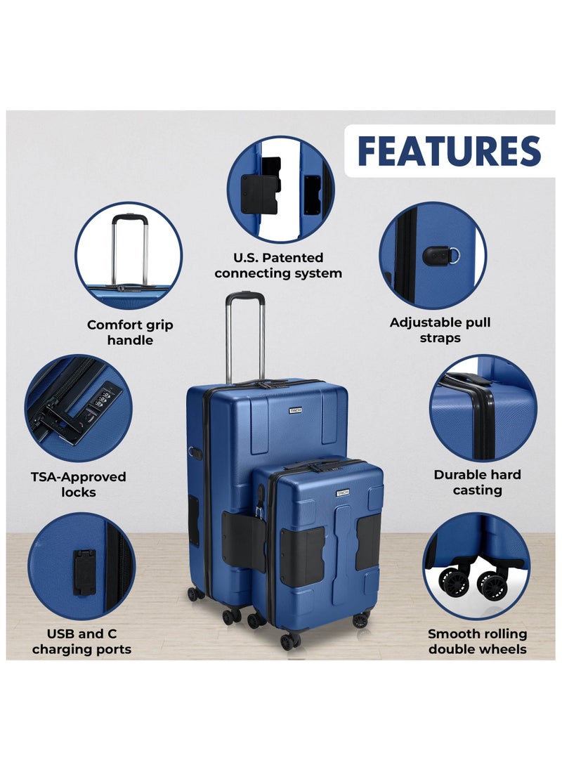 TACH Connectable Luggage, 2pc Set, Hard Shell, Large + Carry-on, TSA Approved Locks, Midnight Blue