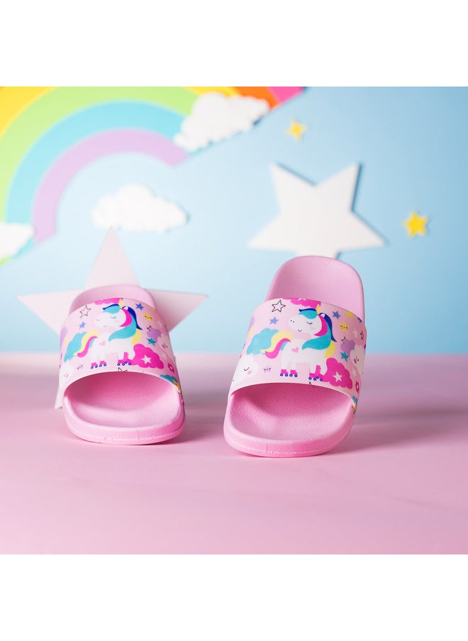 Unicorn Print Everyday Wear Eco-Friendly Pvc Slides For Girls Lightweight Easy To Wash And Anti-Slip Soles