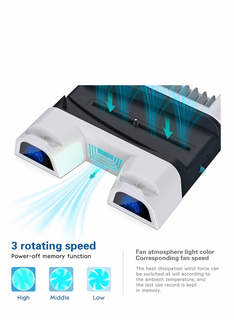 PS5 Cooling Station,Cooling Stand with Suction Cooling Fan and Dual Controller Charger Station for Playstation 5 PS5 Console, with Charging Dock Station and 11 Games Storage- 2 IN1 Cable