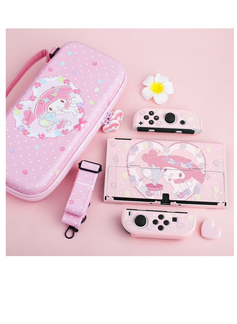 Pink Bunny Pattern Carrying Case for Nintendo Switch OLED - Hard Protective Storage with Shoulder Strap, Hand Strap, Screen Protector, and 2 Thumb Caps. Perfect for gamers on the go!