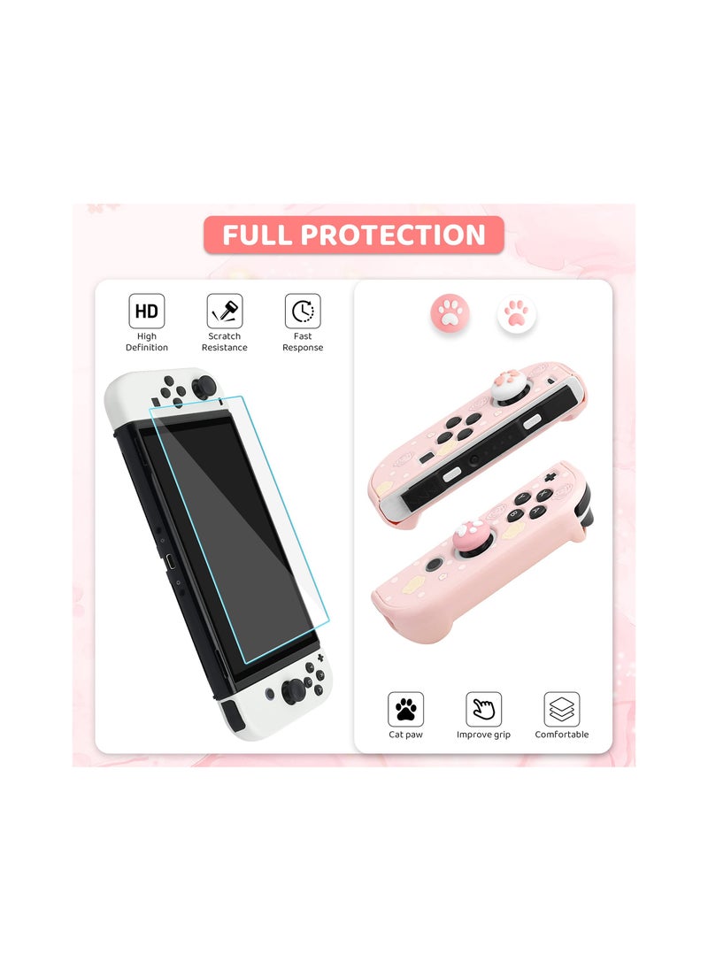 Pink Bunny Pattern Carrying Case for Nintendo Switch OLED - Hard Protective Storage with Shoulder Strap, Hand Strap, Screen Protector, and 2 Thumb Caps. Perfect for gamers on the go!