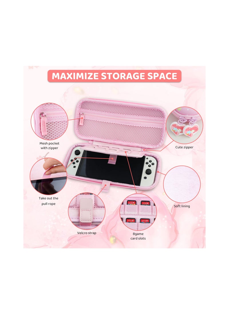 Pink Bunny Pattern Carrying Case for Nintendo Switch OLED - Hard Protective Storage with Shoulder Strap, Hand Strap, Screen Protector, and 2 Thumb Caps. Perfect for gamers on the go!