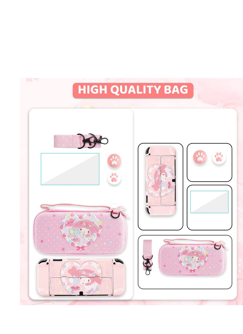 Pink Bunny Pattern Carrying Case for Nintendo Switch OLED - Hard Protective Storage with Shoulder Strap, Hand Strap, Screen Protector, and 2 Thumb Caps. Perfect for gamers on the go!