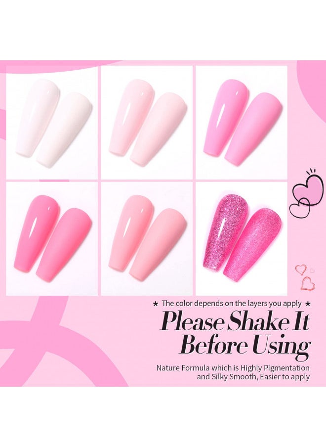 Pink Gel Nail Polish Set Sweet Valentine's Day Nude Pink White Nail Polish Soft Light Natural Lovely Pink Color Gel Polish Gift Set Soak Off Gel Nail Polish Kit 6 Colors 10ML