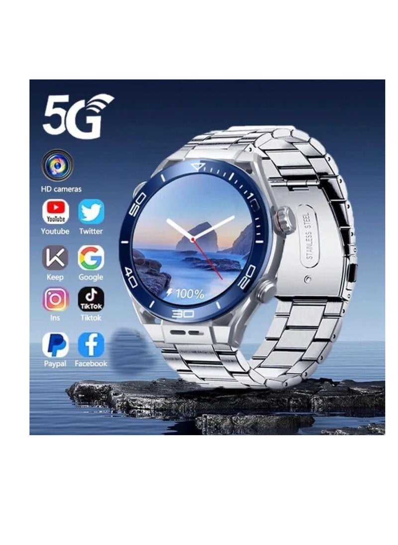 5G Round Model N60 Android Smart watch With Dual Camera, Android OS Pre installed apps, AMOLED Display screen | Sports and fitness Tracker 6Gb Ram 64Gb Rom With SIm Slot (3 strap) - Silver