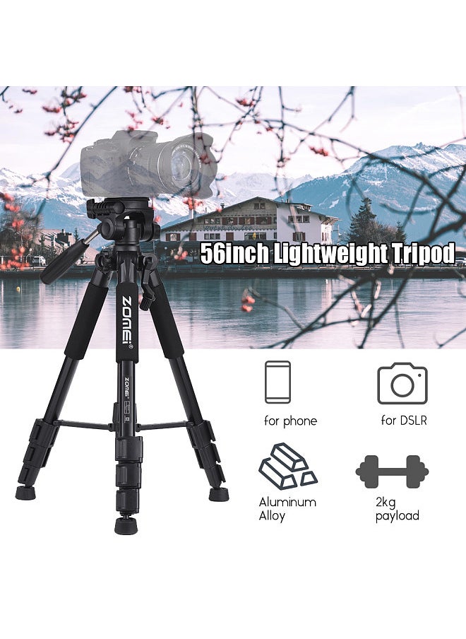 Q111 142cm/56 Inch Lightweight Portable Aluminum Alloy Camera Travel Tripod with Quick Release Plate/ Carry Bag for Canon Nikon Sony DSLR Smartphone