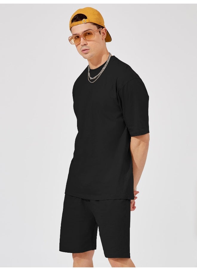 Mens Solid Round Neck 3/4th Sleeve Black Color Tshirt and Black Short Cotton Oversized Fit Co-Ords