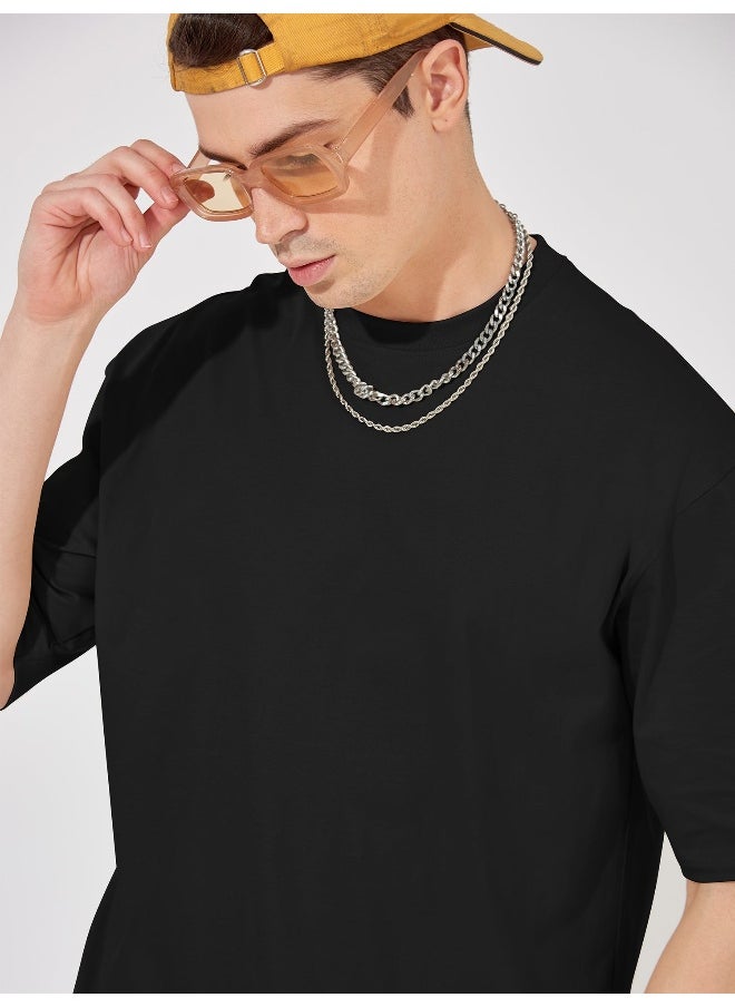 Mens Solid Round Neck 3/4th Sleeve Black Color Tshirt and Black Short Cotton Oversized Fit Co-Ords