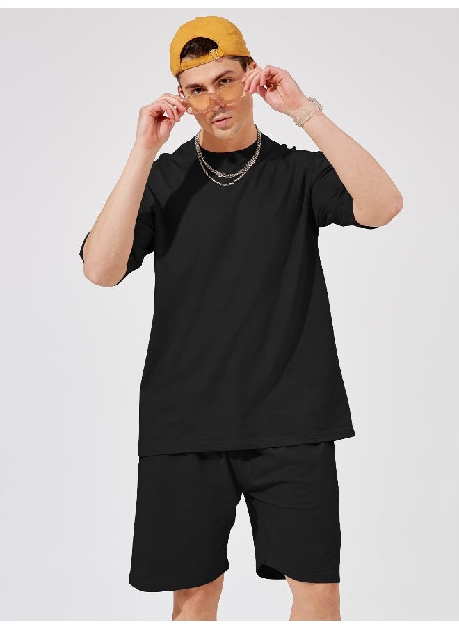 Mens Solid Round Neck 3/4th Sleeve Black Color Tshirt and Black Short Cotton Oversized Fit Co-Ords