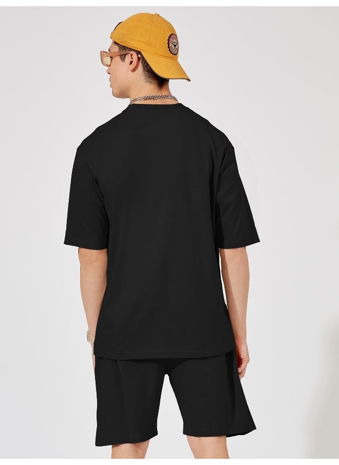 Mens Solid Round Neck 3/4th Sleeve Black Color Tshirt and Black Short Cotton Oversized Fit Co-Ords