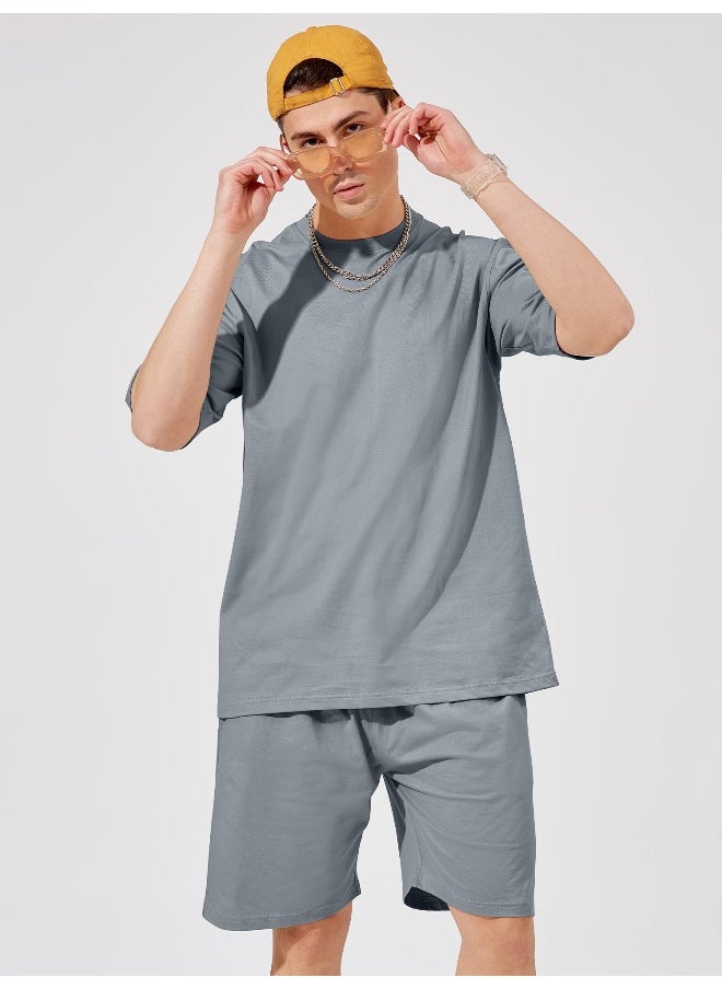 Mens Solid Round Neck 3/4th Sleeve Light Grey Color Tshirt and Light Grey Short Cotton Oversized Fit Co-Ords