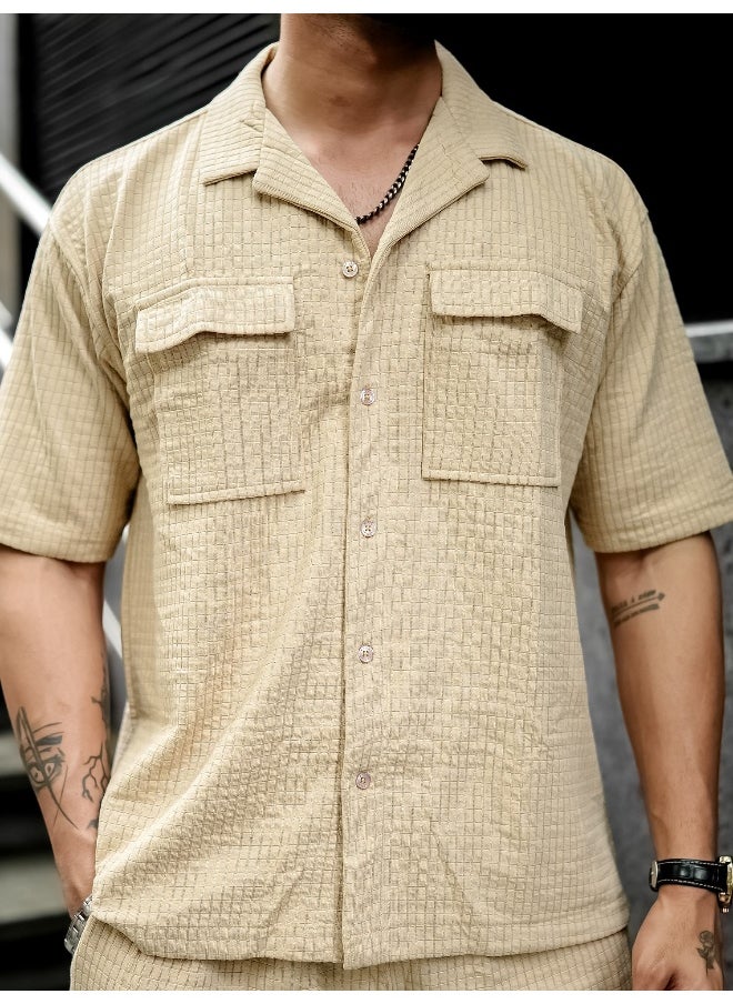 Mens Solid Textured 3/4th Sleeve Beige T-shirt and Shorts Cotton Blend Jacquard Fabric Shirt