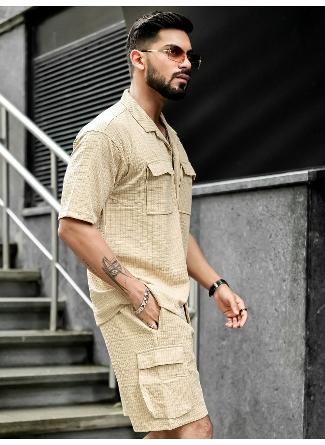 Mens Solid Textured 3/4th Sleeve Beige T-shirt and Shorts Cotton Blend Jacquard Fabric Shirt