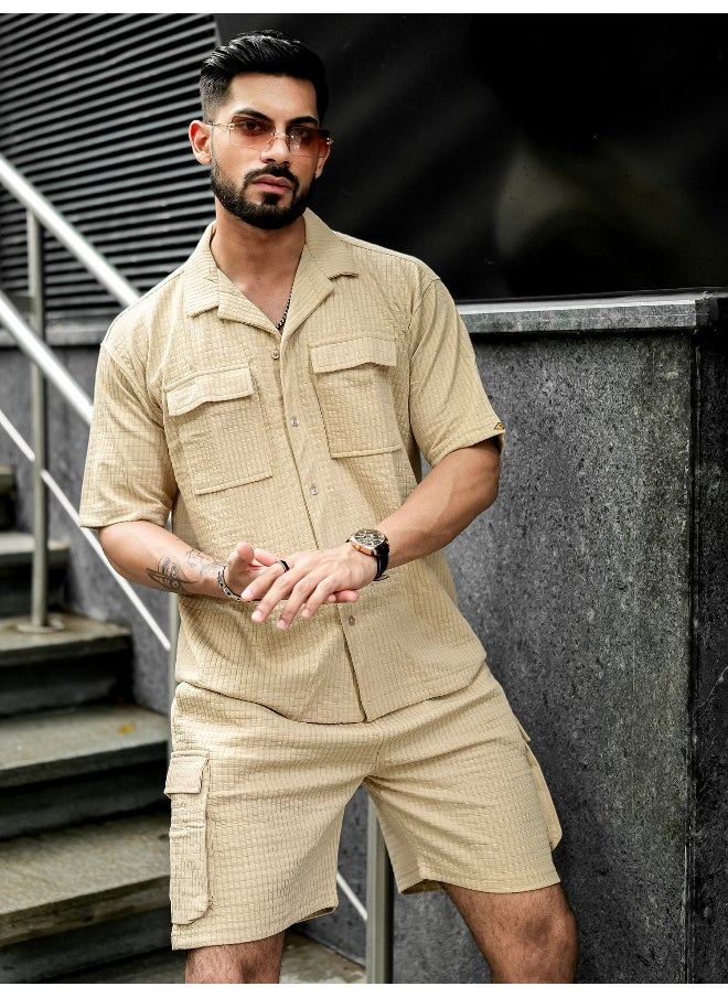 Mens Solid Textured 3/4th Sleeve Beige T-shirt and Shorts Cotton Blend Jacquard Fabric Shirt