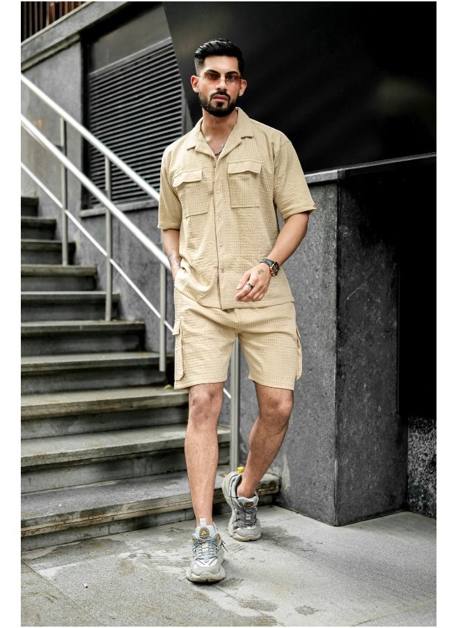 Mens Solid Textured 3/4th Sleeve Beige T-shirt and Shorts Cotton Blend Jacquard Fabric Shirt