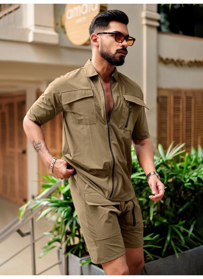 Mens Solid Front Full Zipper Khaki Jacket and Khaki Shorts Nylon Oversized Co-Ords