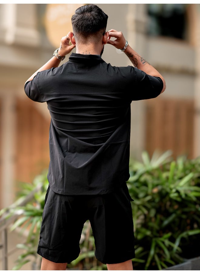 Mens Solid Front Full Zipper Black Jacket and Black Shorts Nylon Oversized Co-Ords