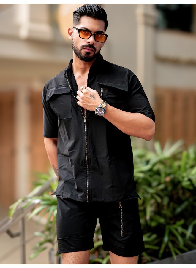 Mens Solid Front Full Zipper Black Jacket and Black Shorts Nylon Oversized Co-Ords