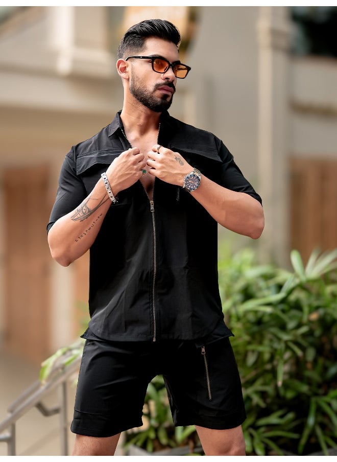 Mens Solid Front Full Zipper Black Jacket and Black Shorts Nylon Oversized Co-Ords