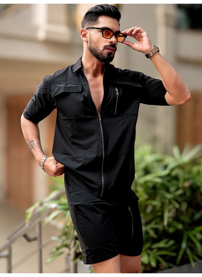 Mens Solid Front Full Zipper Black Jacket and Black Shorts Nylon Oversized Co-Ords